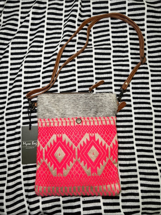 Myra Bag Handbags - Myra Bag Hot Pink Aztec Crossbody with Gray Haircalf Trim and Brown Strap